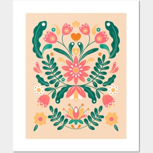 Pink and orange farmhouse flowers Posters and Art